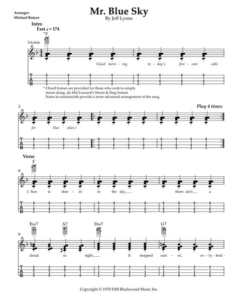 Mr Blue Sky Arr Michael Butzen By Electric Light Orchestra Sheet Music For Ukulele At Sheet