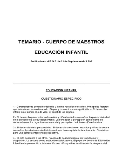 TEMARIO CUERPO DE MAESTROS EDUCACIÓN INFANTIL