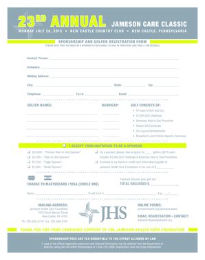 Fillable Online Sponsorship Golfer Registration Form Jameson Health