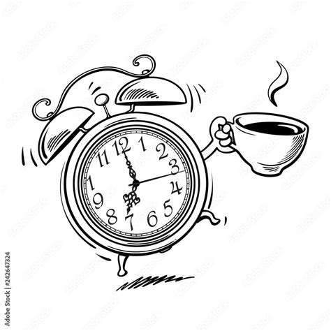 Cartoon Alarm Clock With Cup Of Coffee Ringing Wake Up Time Black And