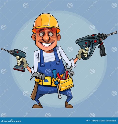 Cartoon Funny Builder With Tools On Circle Background Vector