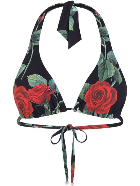 Dolce Gabbana Rose Print Triangle Bikini Top Black FARFETCH UK