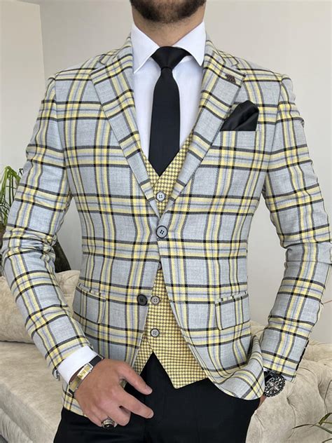 Yellow Gray Slim Fit Plaid Suit For Men By GentWith