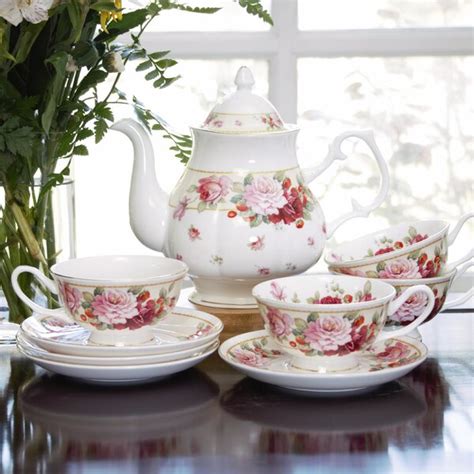 Winston Porter Peony Strawberry Cream Bone China Piece Tea Set