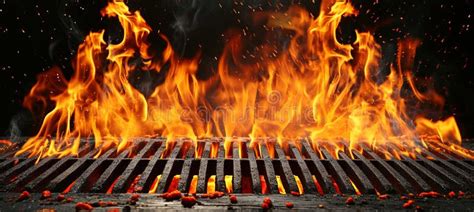 Empty Barbecue Grill With Flaming Fire Close Up Of Empty Fire Grid On