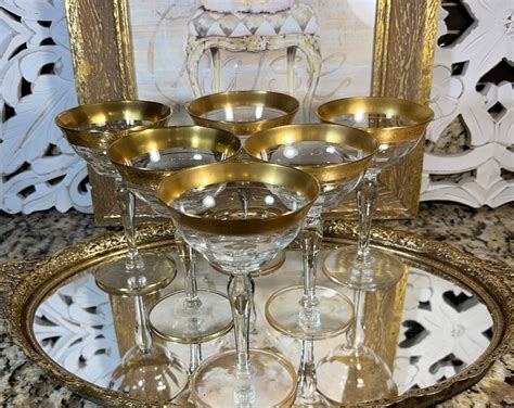 Vintage Wedding Toasting Glasses Tiffin Franciscan Gold Encrusted Wine Champagne Coupes Set Of 6