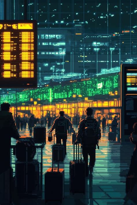 Pixel Art Airport Terminal Scene Travelers Rush Through Busy Terminal
