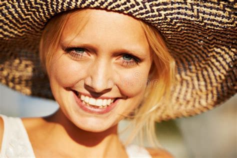 Portrait Smile And Summer With A Woman In A Straw Hat Closeup Outdoor