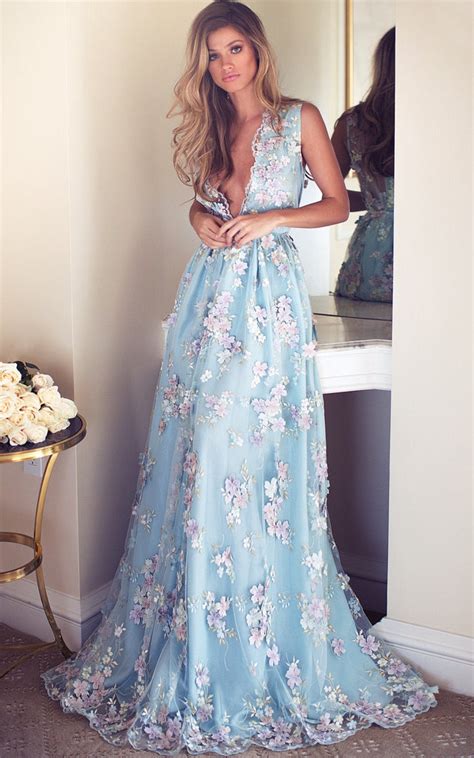 Hot Selling Deep V Neck Light Sky Blue Prom Dress With Flowers Js547