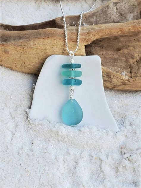 Genuine Aqua Blue Seaglass Stack Pendant And Sterling Silver Necklacestacked Seaglass Jewelry