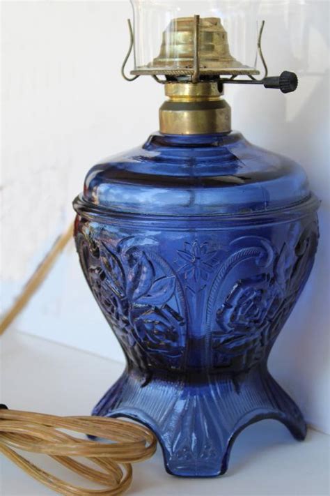 Vintage Cobalt Blue Glass Kerosene Lamp Reproduction Hurricane Shade Electric Light