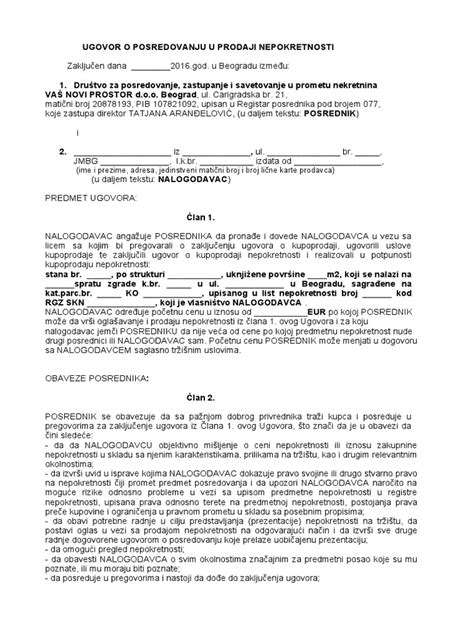 Ugovor O Posredovanju U Prodaji Nekretnine Pdf