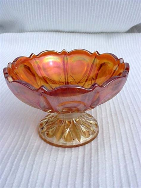 Marigold Carnival Glass Stemmed Compote Serving Bowl Home And