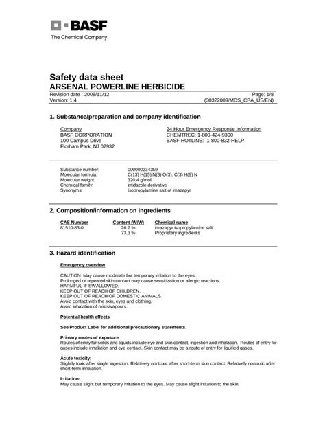 Pdf Safety Data Sheet Arsenal Powerline Herbicide Pdf Filesafety