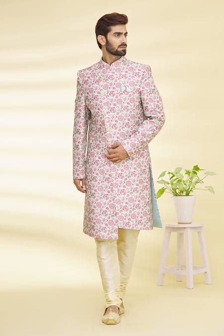 Buy Green Art Banarasi Silk Printed Floral Sherwani Set For Men By