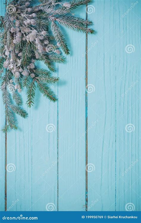 Les Branches De Sapins Dans La Neige Sur Le Sol En Bois Bleu Image