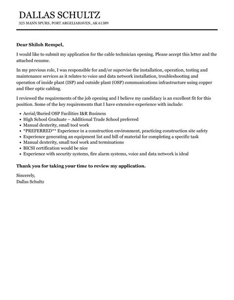 Cable Technician Cover Letter | Velvet Jobs