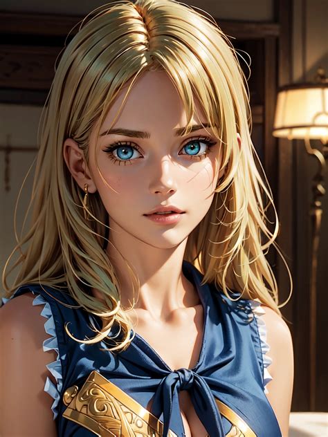 A Woman With Blonde Hair And Blue Eyes In A Blue Dress Seaart Ai