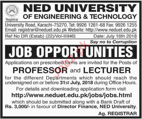 Ned University Of Engineering And Technology Jobs 2018 2024 Job