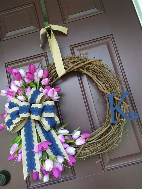 Tulip Wreath With Navy And Burlap Bow And Letter Tulip Wreath Burlap