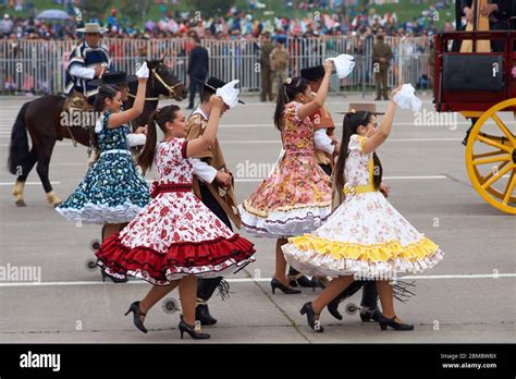 Traditional cueca dance group performing at the annual Military parade ...