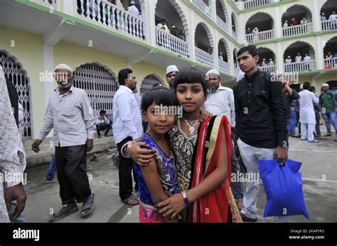 Nepalese Muslims Sisters Hug Each Other After Offering Ritual Morning