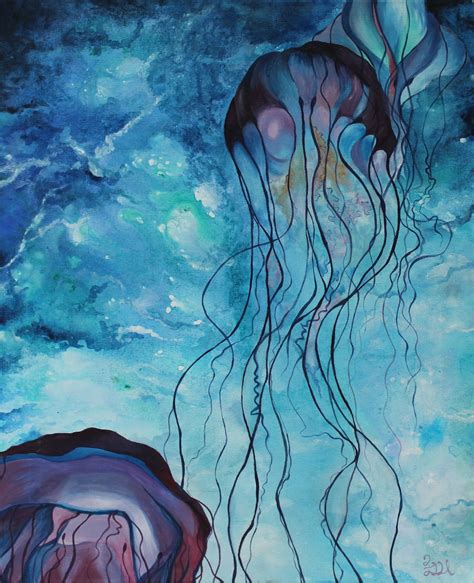 Jellyfish Acrylic Painting Print Aquatic Wall Decor Bathroom Etsy