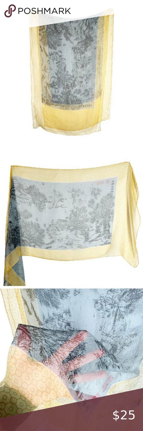 Gossamer Sheer Silk Scarf Pictorial Japanese Landscape Gray Black Gold