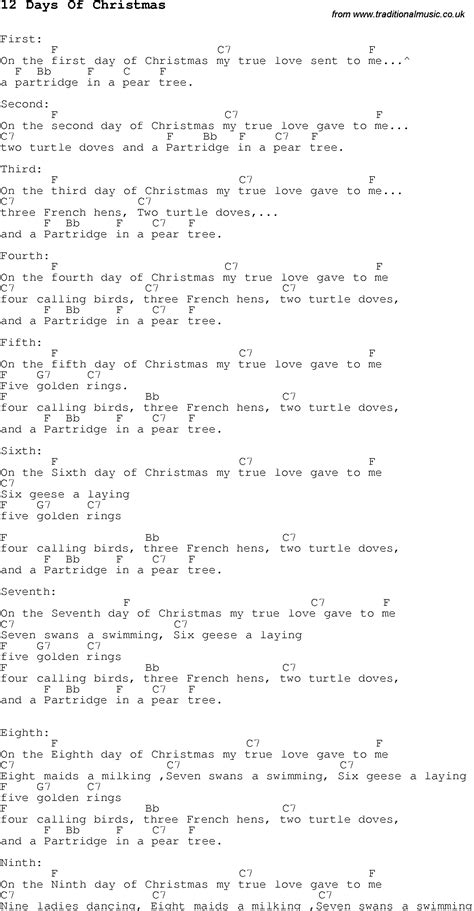 Christmas Carol Song Lyrics With Chords For 12 Days Of Christmas