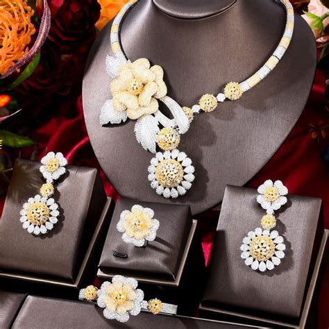 Pc Big Flower Leaf Luxury African Jewelry Set For Women Bicolor