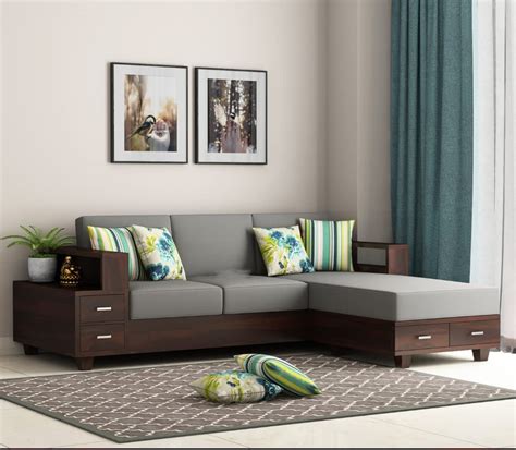 Solid Sheesham Wood L Shape Seater Sofa Set For Living Room Wooden