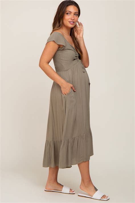 Olive Smocked Ruched Ruffle Hem Maternity Maxi Dress Pinkblush