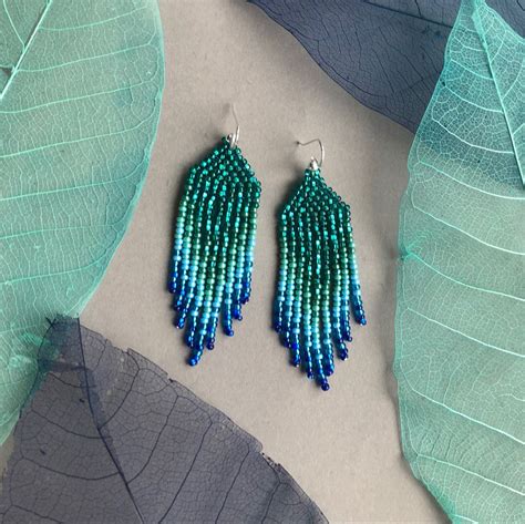 Turquoise Beaded Earrings Long Earrings Fringe Earrings Ombre Etsy