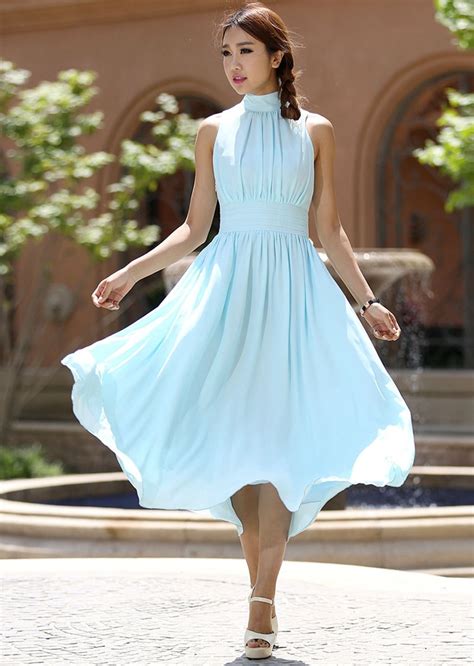 Light blue midi dress women maxi chiffon dress with by xiaolizi