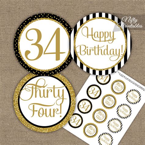 34th Birthday Cupcake Toppers Black Gold Nifty Printables