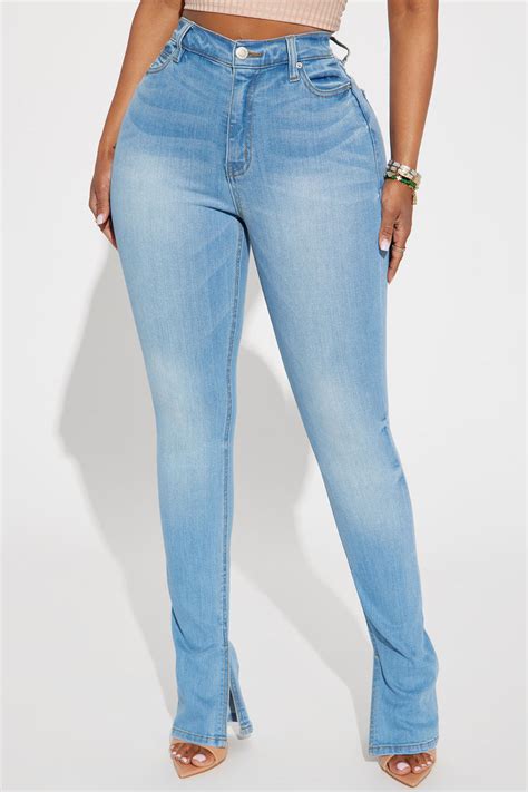 Get My Good Side Slit Premium Stretch Skinny Jeans Light Blue Wash Fashion Nova Jeans