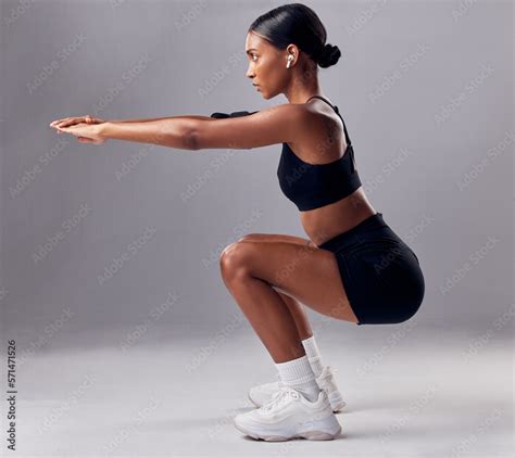 Exercise Black Woman And Squat For Training Workout And Fitness For