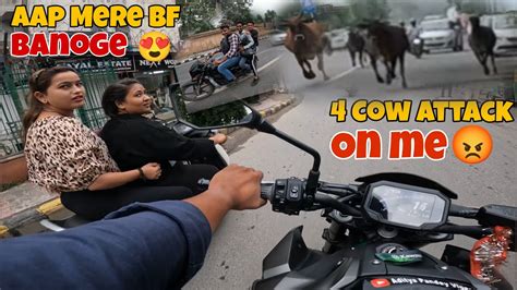 Cute College Girls Reaction On Superbike 😍 Cow Attack Bikers