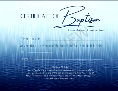 Printable Baptism Certificate Template Kjv Instant Digital Download Blue Rain Etsy