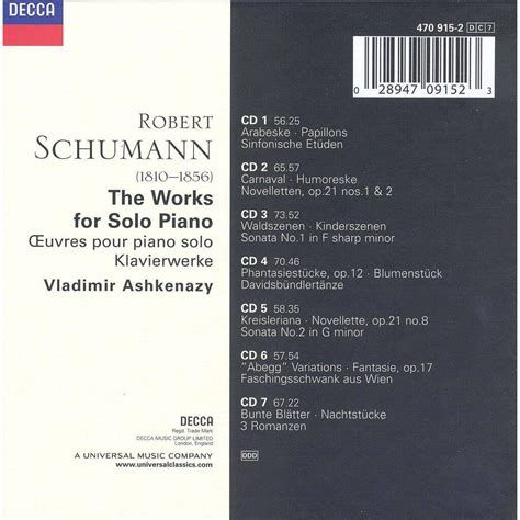 The Works For Solo Piano Vladimir Ashkenazy De Schumann Robert Cd X