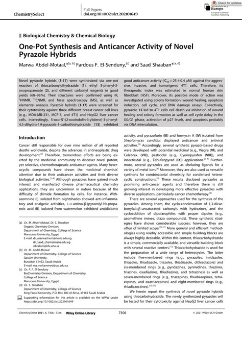 Pdf Onepot Synthesis And Anticancer Activity Of Novel Pyrazole Hybrids