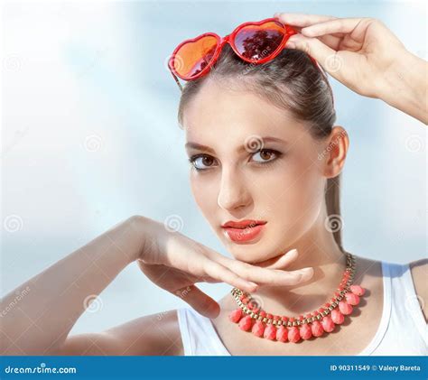 Beautiful Young Woman With Red Sunglasses Stock Image Image Of Jewel Eyes 90311549