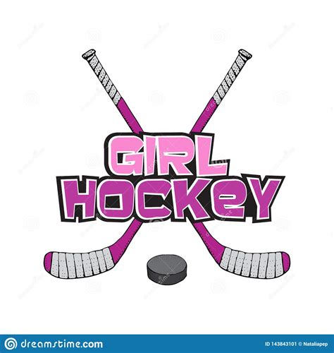 Pink Ice Hockey Stick With Puck Hockey Girl Lettering Sports Vector Illustration Isolated On