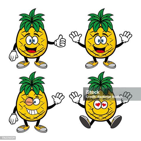 Set Of Collection Cute Smiling Pineapple Cartoon Character Vector Illustration Isolated On White