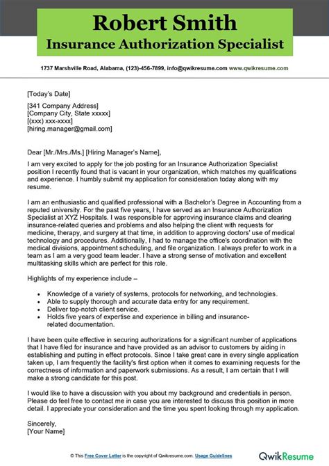 Insurance Authorization Specialist Cover Letter Examples Qwikresume