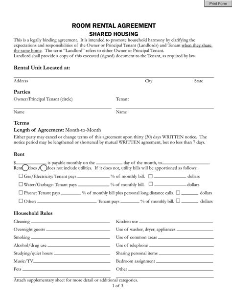 Free Printable Room Rental Agreement Templates [word And Excel] Form