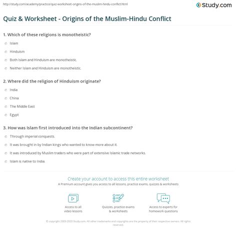 Quiz And Worksheet Origins Of The Muslim Hindu Conflict