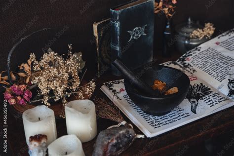 Wiccan Witch Altar Prepared For Casting A Spell With An Open Book Of