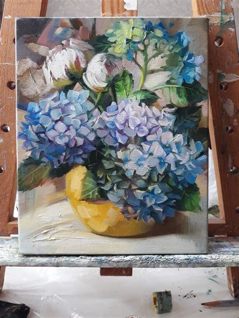 Blue hydrangea and White peonies painting Oil painting by Nataly ...