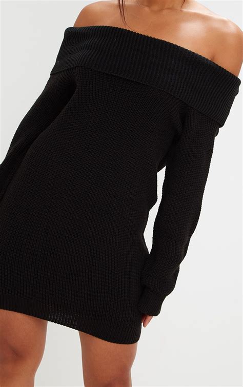 Black Off Shoulder Oversized Knitted Mini Dress Knitwear